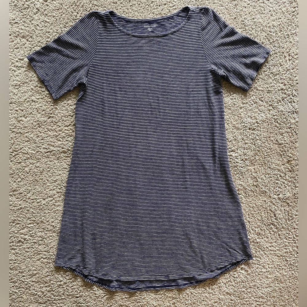 Eileen Fisher Dress Womens Large Navy White Striped Cotton Hemp Tshirt Loose